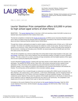 13-2022 : Laurier Stedman Prize competition offers $10,000 in prizes to high school-aged writers of short fiction