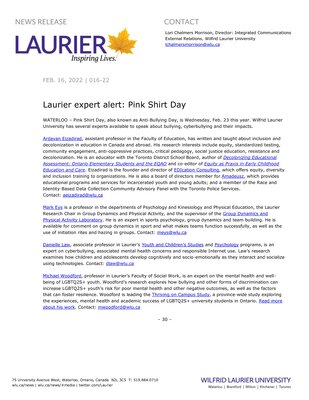 16-2022 : Laurier expert alert: Pink Shirt Day