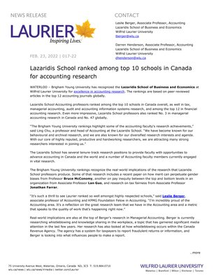 17-2022 : Lazaridis School ranked among top 10 schools in Canada for accounting research