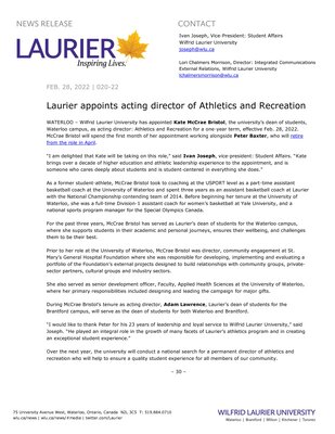 20-2022 : Laurier appoints acting director of Athletics and Recreation