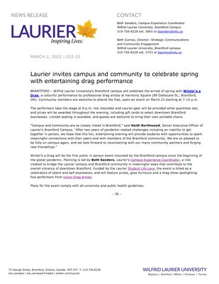 22-2022 : Laurier invites campus and community to celebrate spring with entertaining drag performance