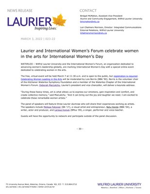 23-2022 : Laurier and International Women’s Forum celebrate women in the arts for International Women’s Day