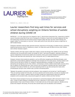 31-2022 : Laurier researchers find long wait times for services and school disruptions weighing on Ontario families of autistic children during COVID-19