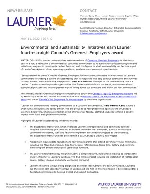 37-2022 : Environmental and sustainability initiatives earn Laurier fourth-straight Canada's Greenest Employers award