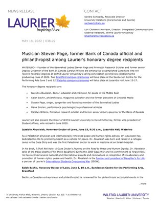 38-2022 : Musician Steven Page, former Bank of Canada official and philanthropist among Laurier’s honorary degree recipients