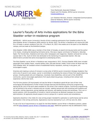 39-2022 : Laurier’s Faculty of Arts invites applications for the Edna Staebler writer-in-residence program