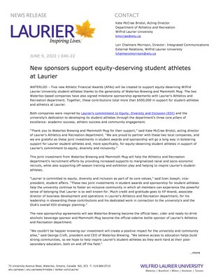 46-2022 : New sponsors support equity-deserving student athletes at Laurier