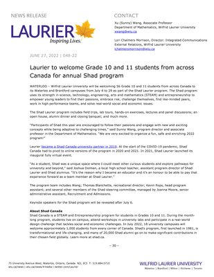 48-2022 : Laurier to welcome Grade 10 and 11 students from across Canada for annual Shad program