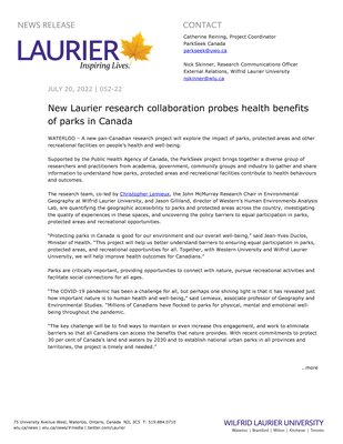 52-2022 : New Laurier research collaboration probes health benefits of parks in Canada