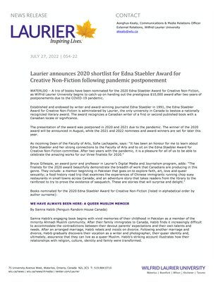 54-2022 : Laurier announces 2020 shortlist for Edna Staebler Award for Creative Non-Fiction following pandemic postponement