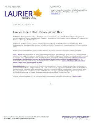 53-2022 : Laurier expert alert: Emancipation day