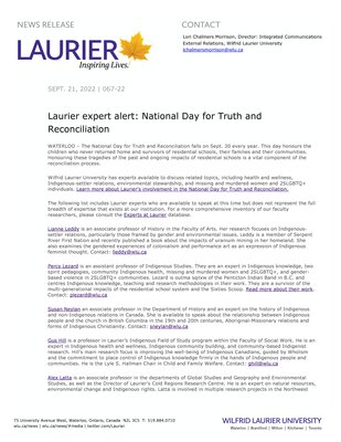 67-2022 : Laurier expert alert: National Day for Truth and Reconciliation