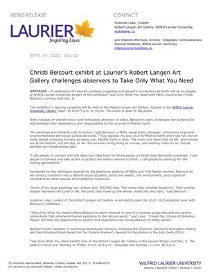 62-2022 : Christi Belcourt exhibit at Laurier’s Robert Langen Art Gallery challenges observers to Take Only What You Need