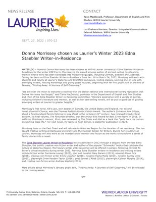 70-2022 : Donna Morrissey chosen as Laurier’s Winter 2023 Edna Staebler Writer-in-Residence