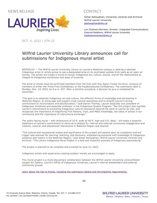 74-2022 : Wilfrid Laurier University Library announces call for submissions for Indigenous mural artist