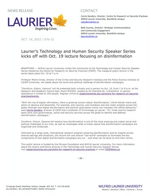 76-2022 : Laurier’s Technology and Human Security Speaker Series kicks off with Oct. 19 lecture focusing on disinformation