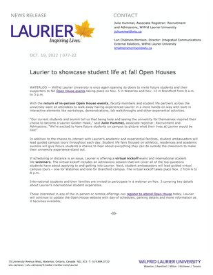 77-2022 : Laurier to showcase student life at fall Open Houses