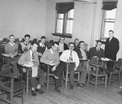 Herman Overgaard with economics students at Waterloo College, 1948-1949