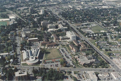 Aerial view of Wilfrid Laurier University, 1995