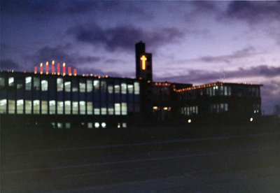 Waterloo Lutheran University Arts Building decorated with Christmas lights