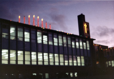 Waterloo Lutheran University Arts Building decorated with Christmas lights