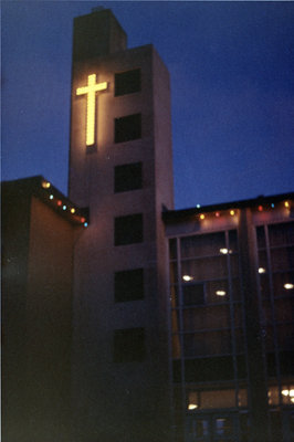 Waterloo Lutheran University Arts Building decorated with Christmas lights