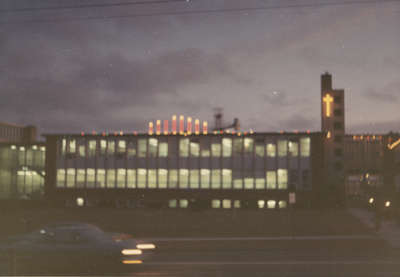 Waterloo Lutheran University Arts Building decorated with Christmas lights