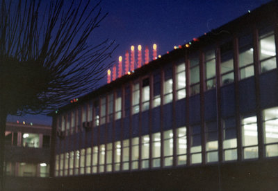 Waterloo Lutheran University Arts Building decorated with Christmas lights