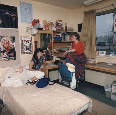 Two women in residence room, Wilfrid Laurier University