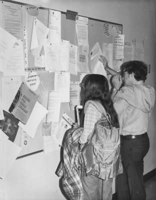 Students reading Social Work postings, Waterloo Lutheran University