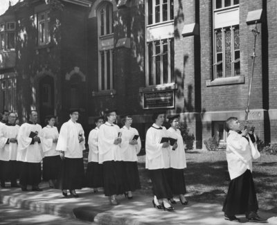 Confirmation class processional at Trinity Evangelical Lutheran Church in Hamilton, Ontario, 1955