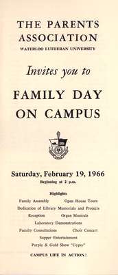 The Parents Association, Waterloo Lutheran University,  invites you to Family Day on Campus, Saturday, February 19, 1966