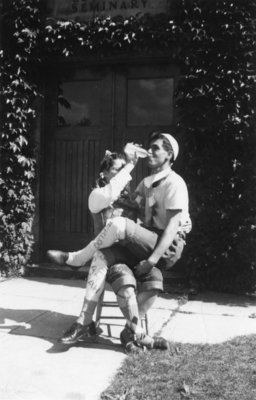 Waterloo College freshmen Alice Bald and Ron Lowe during initiation week, 1947