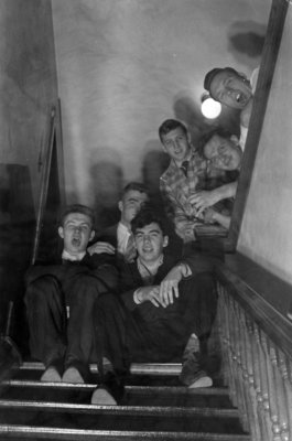 Six male students on Willison Hall stairs