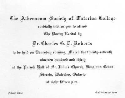 Invitation to Charles G.D. Roberts poetry recital, 1930