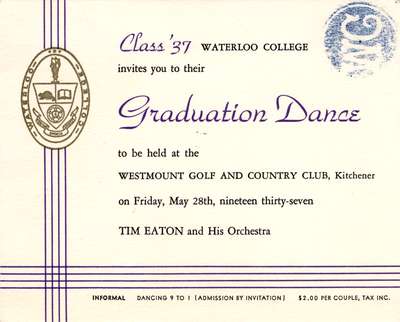 Waterloo College graduation dance invitation, 1937