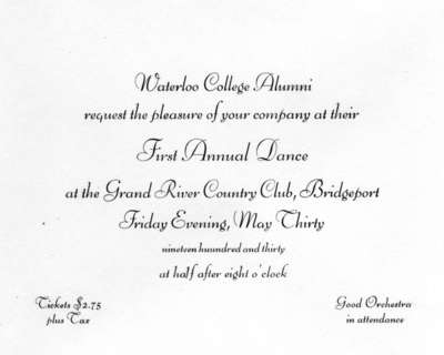 Waterloo College Alumni first annual dance invitation, 1930