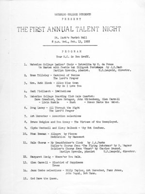 Waterloo College students present the first annual talent night, 1952