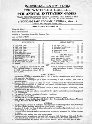 Individual entry form for Waterloo College 9th annual Invitation Games track and field events for collegiate, high schools and continuation schools of central western Ontario