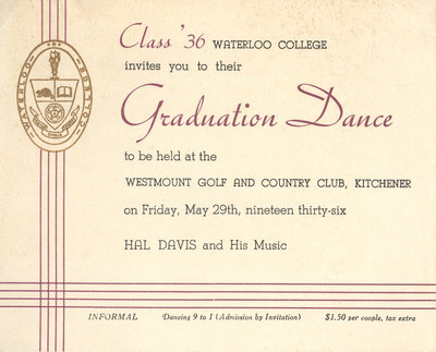 Waterloo College graduation dance invitation, 1936