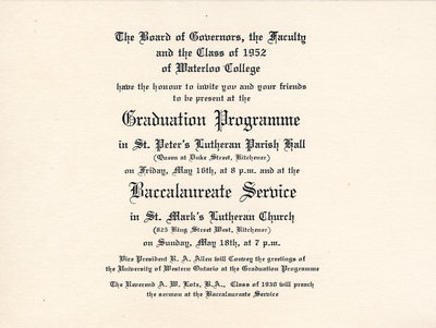 Waterloo College graduation programme and baccalaureate service invitation, 1952