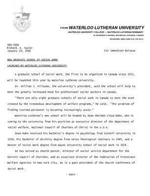 009-1966 : New Graduate School of Social Work launched by Waterloo Lutheran University