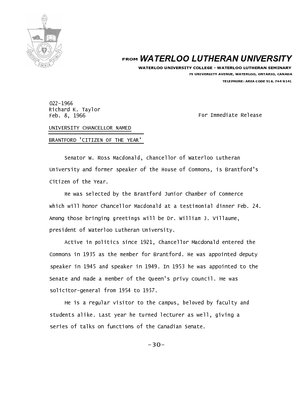 022-1966 : University Chancellor named Brantford &quot;Citizen of the Year&quot;