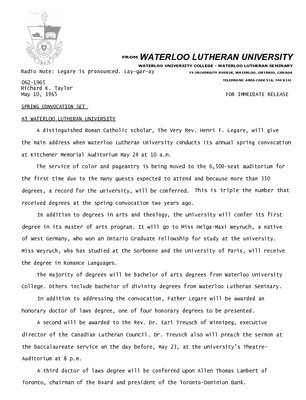 062-1965 : Spring convocation set at Waterloo Lutheran University