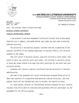 121-1965 : Waterloo Lutheran University launches international program