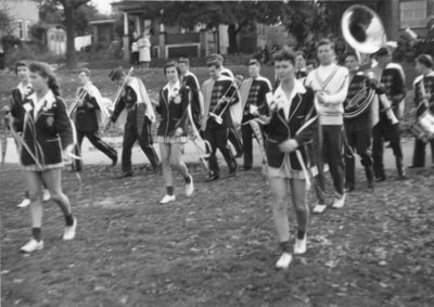 Ryerson marching band in Waterloo College Homecoming Parade, 1955