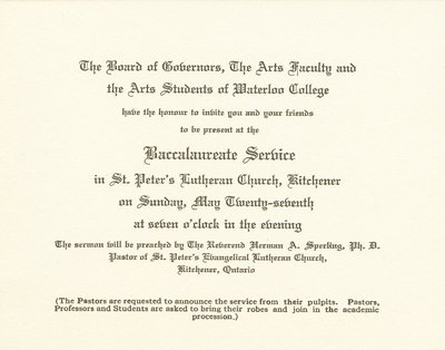 Waterloo College baccalaureate service invitation, 1934