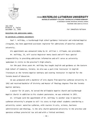 161-1965 : Registrar for admissions named by Waterloo Lutheran University