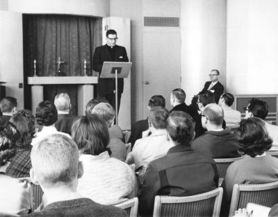 Barry Lang leading chapel service at Waterloo Lutheran University