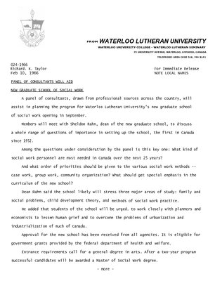 024-1966 : Panel of consultants will aid new Graduate School of Social Work